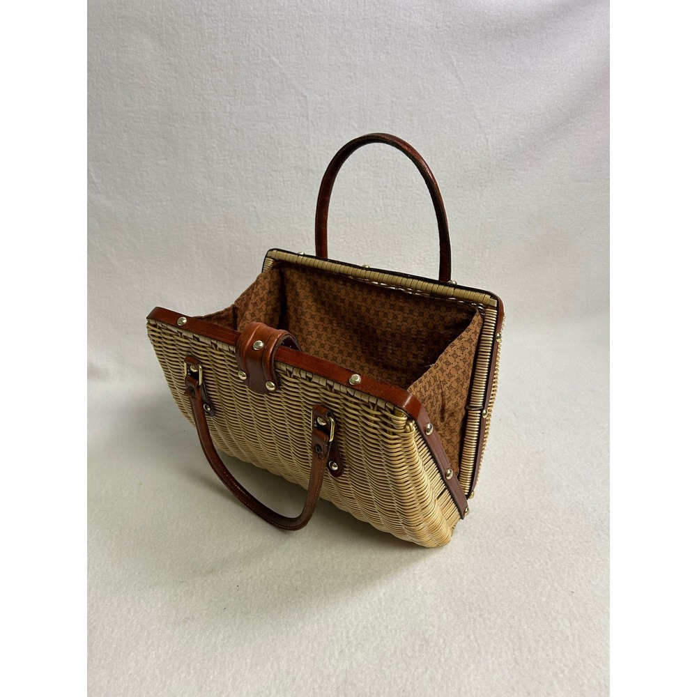 Cottagecore Vintage Women Medium Brown Wicker Leather Satchel Classic Timeless - Picture 6 of 12
